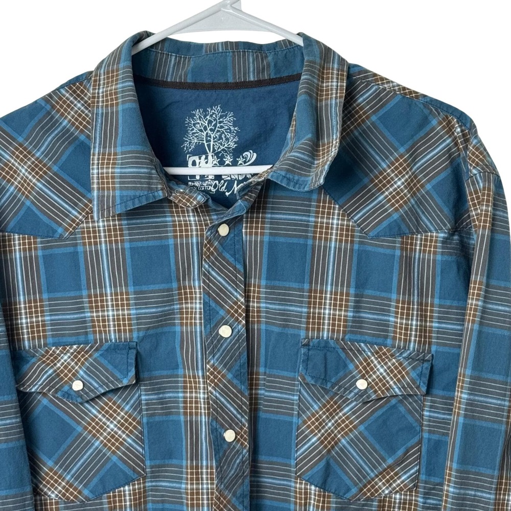 Old Navy Western Shirt Mens XXL Blue Plaid Pearl Snap Long Sleeve Cotton Vintage